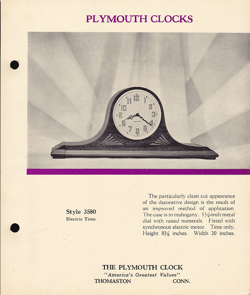 Plymouth Clocks, Electric and Key-Wound, Americas Greatest Values; The Plymouth Clock; Thomaston; Conn. > 9. 1940, Plymouth Clocks, Electric and Key-Wound, "America's Greatest Values"; The Plymouth Clock; Thomaston; Conn., (ca. 1940); page 9