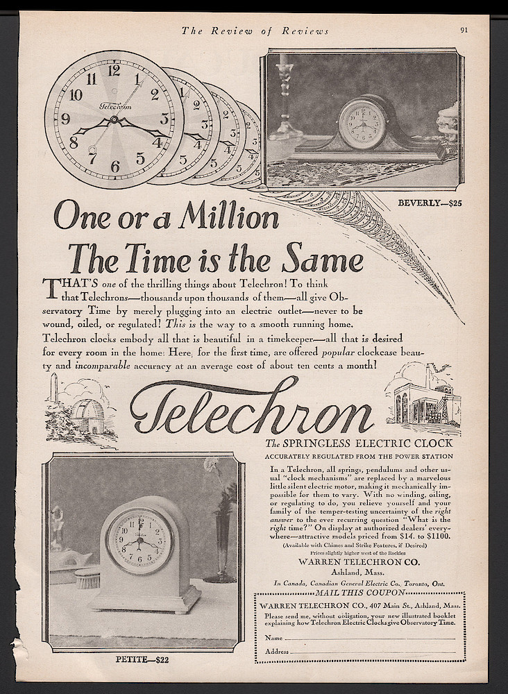 Clock & Watch Advertisement: Year 1930 The Review of Reviews, p. 91