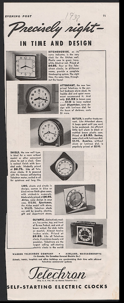 Clock & Watch Advertisement: Year 1937 Saturday Evening Post, p. 72