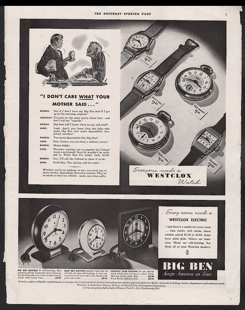 Clock & Watch Advertisement: July 12, 1941 Saturday Evening Post, p. 1