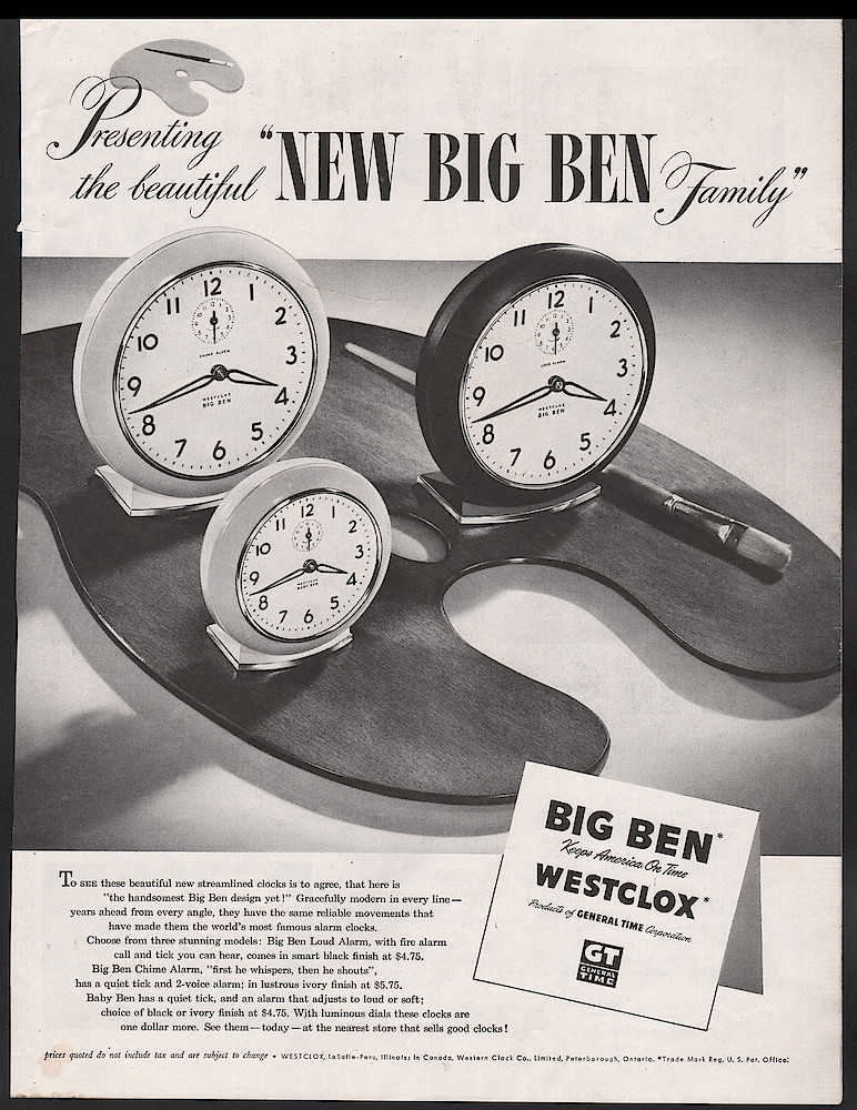 August 27, 1949 Saturday Evening Post,. Introductory Ad For The Style 6 Big Ben And Baby Ben Alarm Clocks.. August 27, 1949 Saturday Evening Post,