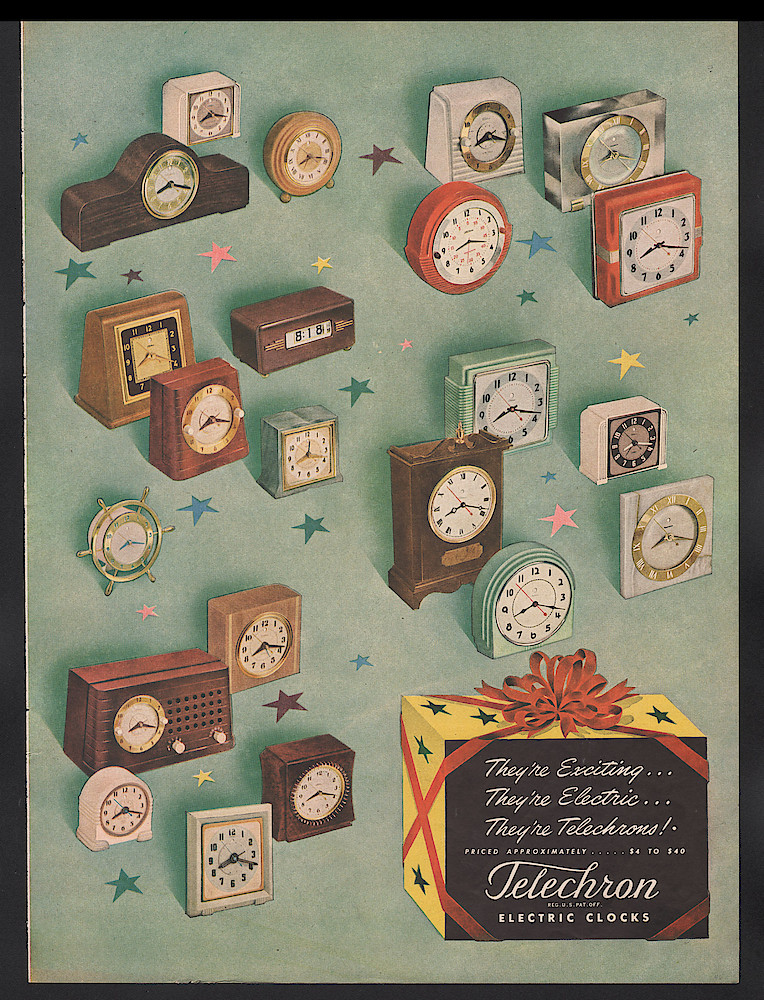 1950s-clocks-radio-xmas. Decade of the 1950s. Decade of the 1950s