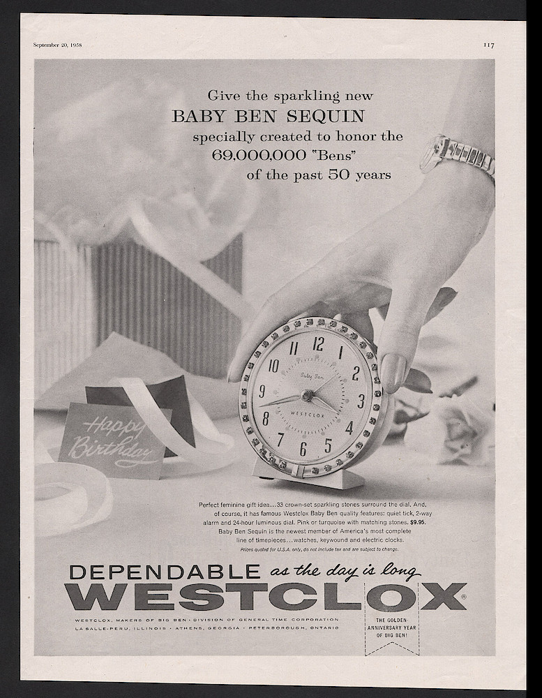 September 20, 1958 Saturday Evening Post, p. 117. Baby Ben Sequin (style 7 Case) Was Announced In The Sept. 20, 1958 Saturday Evening Post, Honoring The 69,000,000 "Bens" Of The Previous 50 Years. It Was Made In Two Colors - Pink And Turquoise.. September 20, 1958 Saturday Evening Post, p. 117