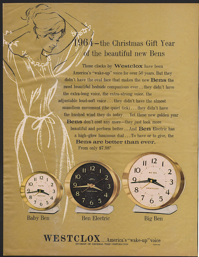 December 1964 Look Magazine,. The Style 8 Big And Baby Bens Were Introduced In 1964. This 1964 Westclox Christmas Ad Describes Their Features.. December 1964 Look Magazine,