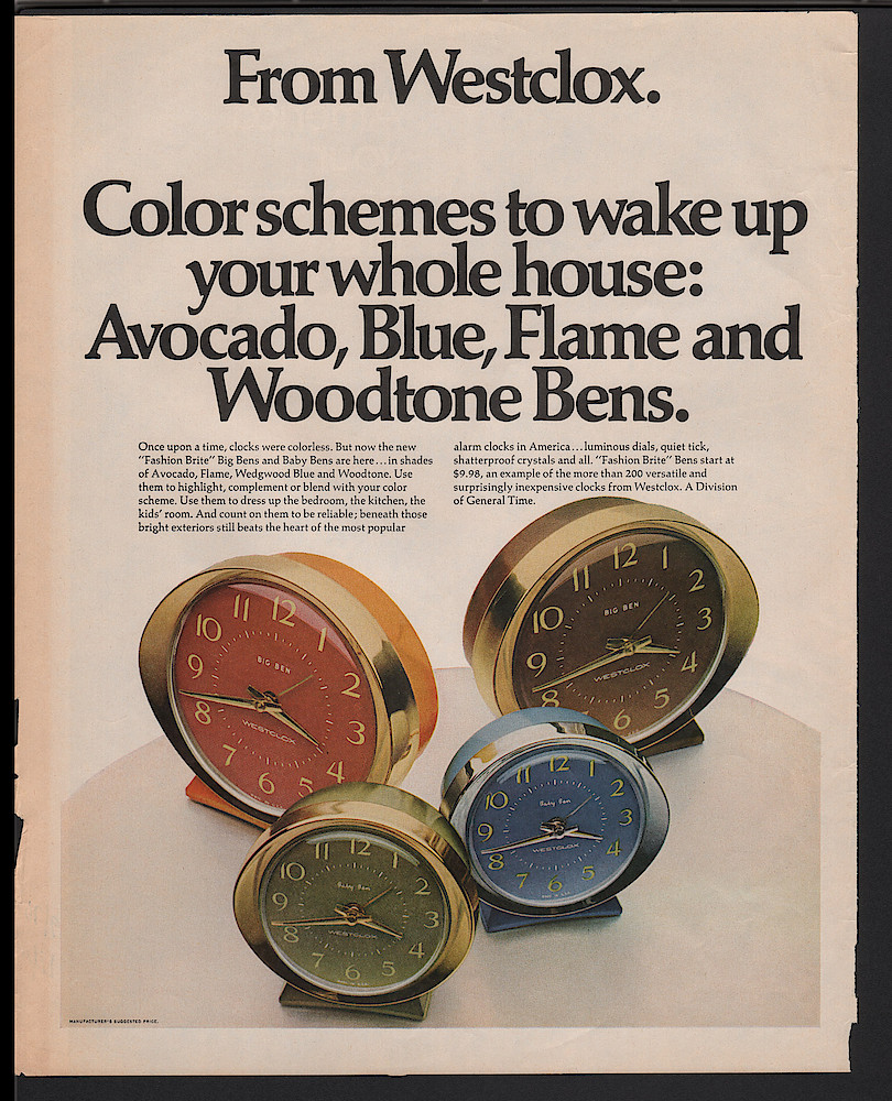 September 1970 Life Magazine,. The "Fashion Brite" Style 8 Big Ben And Baby Ben Alarm Clocks Were Introduced In 1970. All Four Colors Are Shown In This Advertisement.. September 1970 Life Magazine,