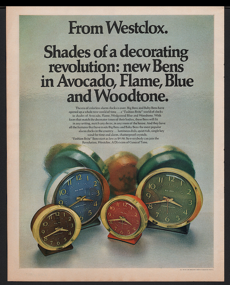 Circa 1970 may be Look Magazine, p. 20. The "Fashion Brite" Style 8 Big Ben And Baby Ben Alarm Clocks Were Introduced In 1970. All Four Colors Are Shown In This Advertisement.. Circa 1970 may be Look Magazine, p. 20