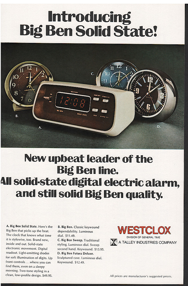 Year 1974 National Geographic. Big Ben Solid State Is Introduced In This 1974 Ad. Also Shown In The Back Row (left To Right) Are Big Ben, Big Ben Sweep, And Big Ben Futura.. Year 1974