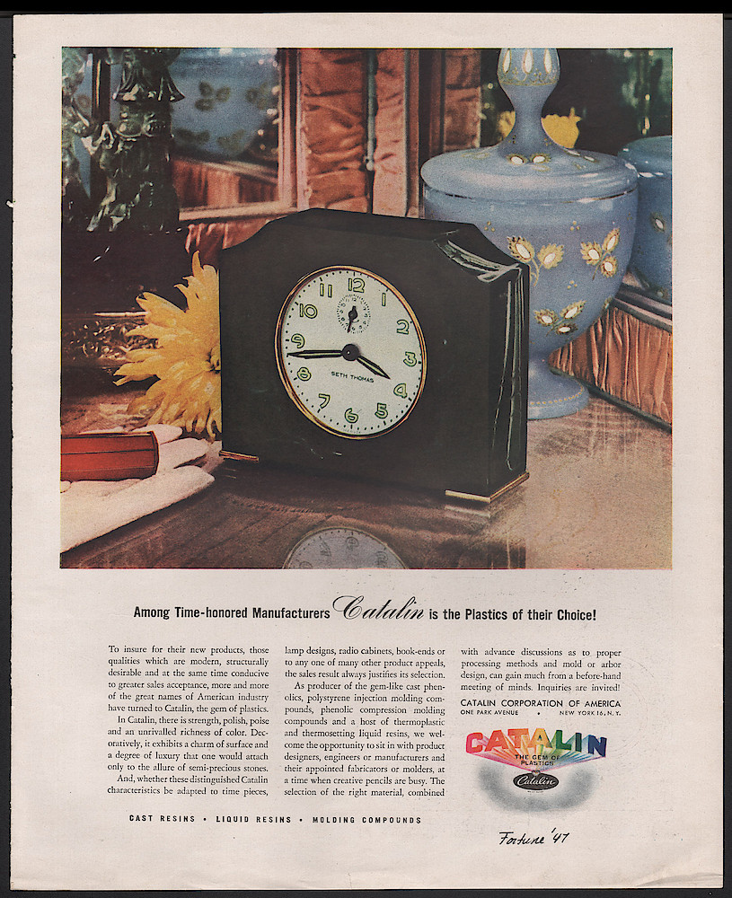 Year 1947 Fortune Magazine,. This Advertisement Illustrates A Seth Thomas Alarm Clock In A Case Of Black Catalin With Colored Streaks.. Year 1947 Fortune Magazine,