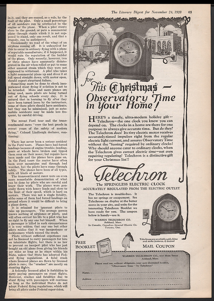 Clock & Watch Advertisement: November 24, 1928 Literary Digest, p. 63