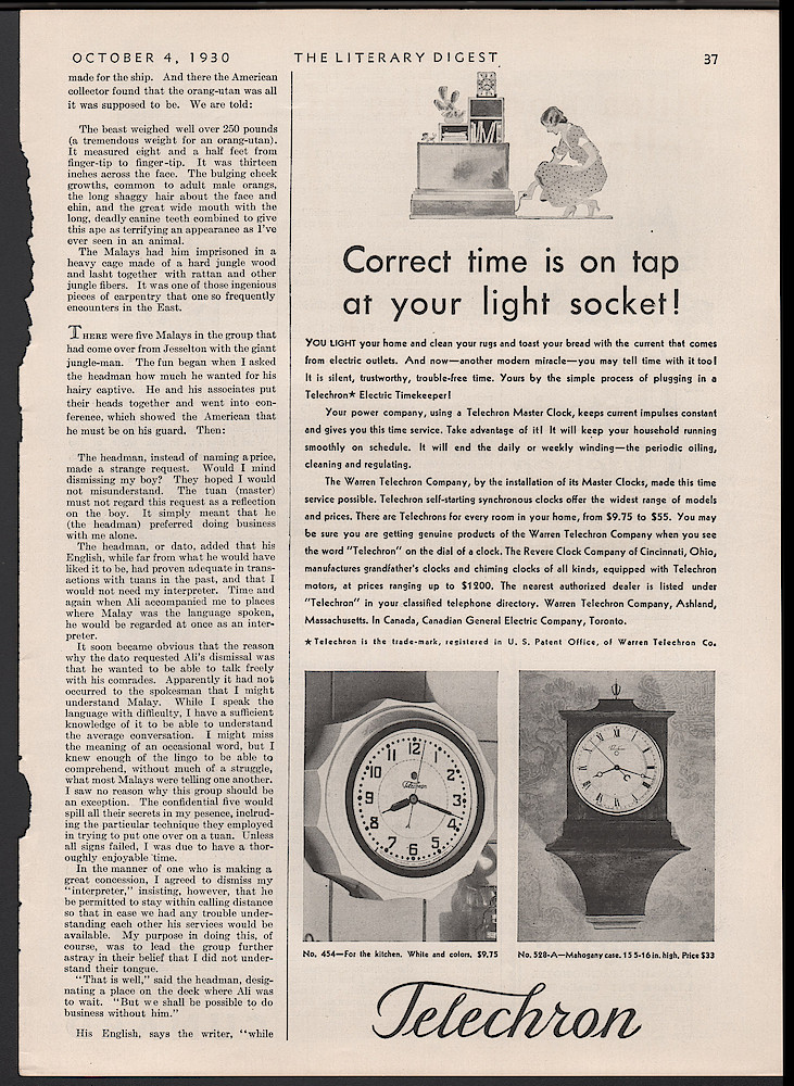 Clock & Watch Advertisement: October 4, 1930 Literary Digest, p. 37