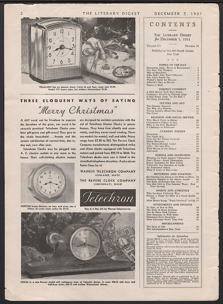 Clock & Watch Advertisement: December 5, 1931 Literary Digest, p. 2