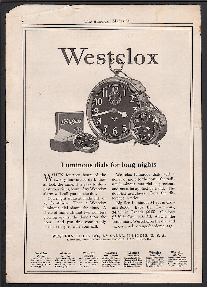 Clock & Watch Advertisement: Year 1924 The American Magazine, p. 2