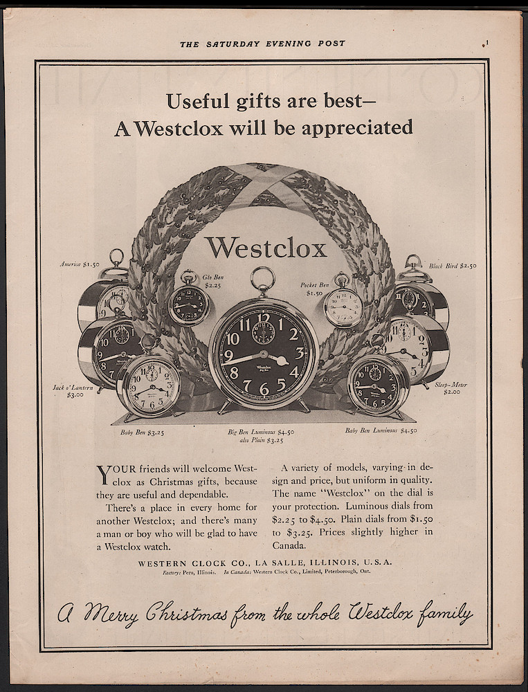 Clock & Watch Advertisement: December 25, 1926 Saturday Evening Post, p. 1