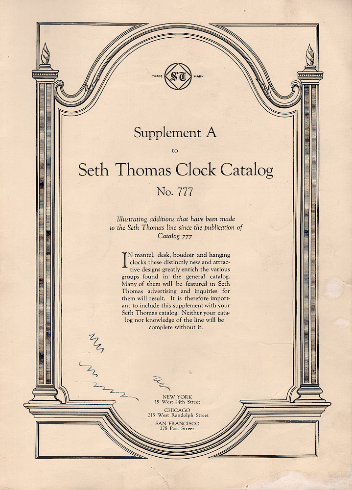 Ca. 1927 Supplement A to Seth Thomas Clock Catalog No. 777. > 1. Ca. 1927 Supplement A to Seth Thomas Clock Catalog No. 777.; page 1