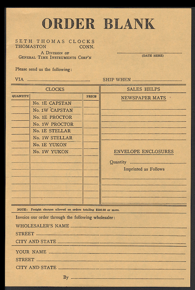 Seth Thomas Clocks for 1939. Self Starting Electric and Key Wound > Order Blank