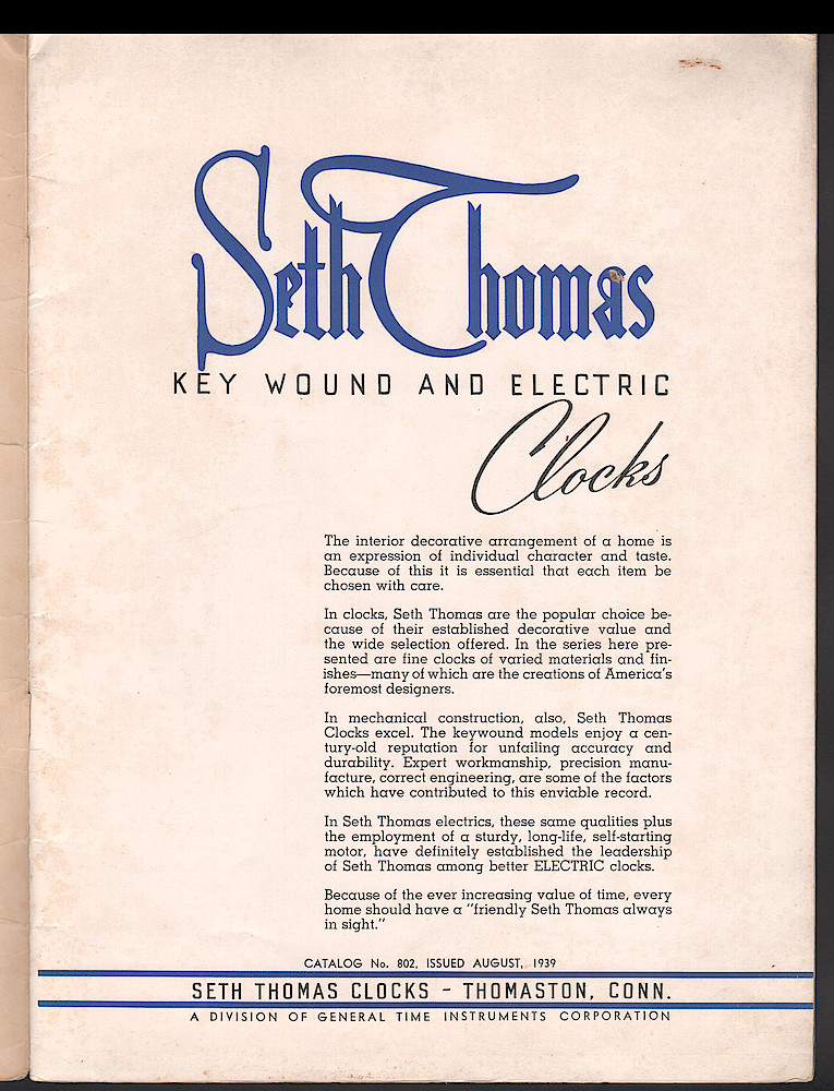 Seth Thomas Clocks for 1940. Self Starting Electric and Key Wound. Includes price list. > 1