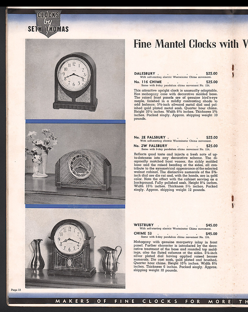 Seth Thomas Clocks for 1940. Self Starting Electric and Key Wound. Includes price list. > 12