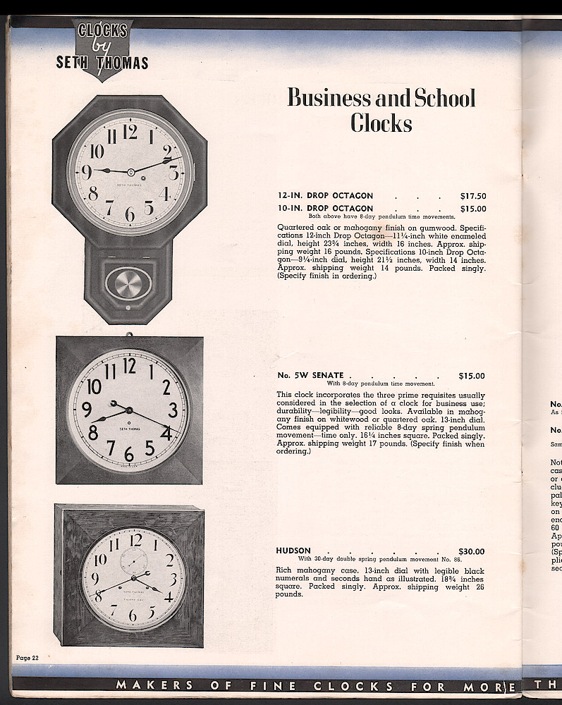 Seth Thomas Clocks for 1940. Self Starting Electric and Key Wound. Includes price list. > 22