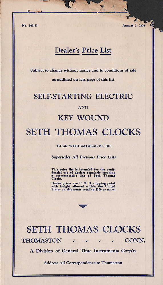 Seth Thomas Clocks for 1940. Self Starting Electric and Key Wound. Includes price list. > Price-1