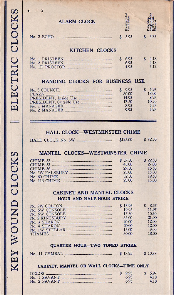 Seth Thomas Clocks for 1940. Self Starting Electric and Key Wound. Includes price list. > Price-3