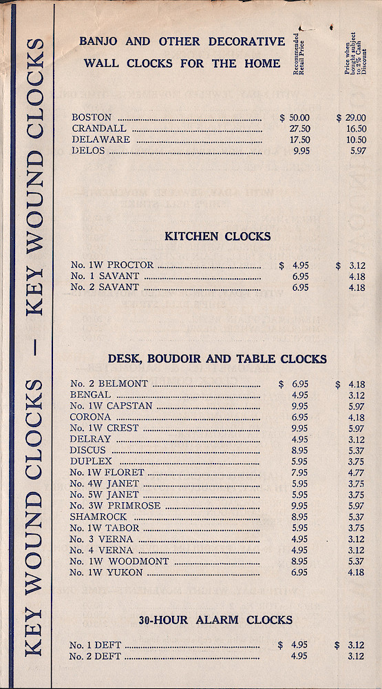 Seth Thomas Clocks for 1940. Self Starting Electric and Key Wound. Includes price list. > Price-4