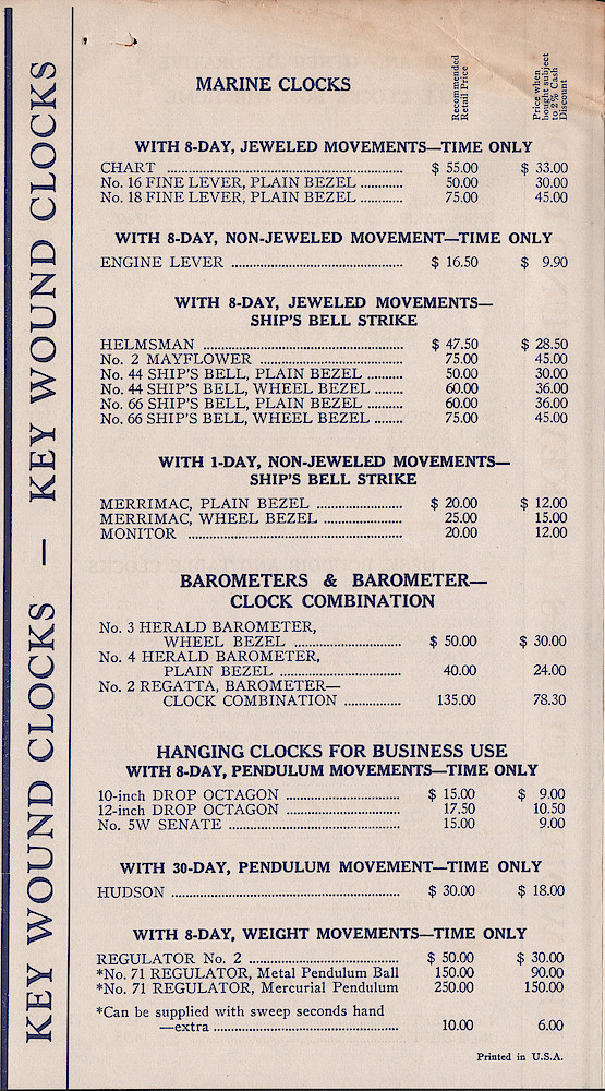 Seth Thomas Clocks for 1940. Self Starting Electric and Key Wound. Includes price list. > Price-5