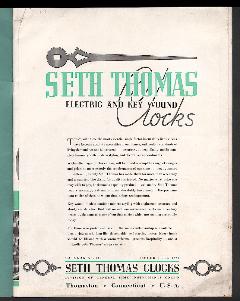 Seth Thomas Clocks, Electric and Key Wound. Includes price list. > 1a