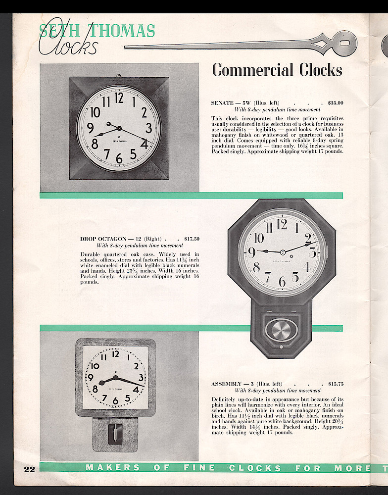 Seth Thomas Clocks, Electric and Key Wound. Includes price list. > 22
