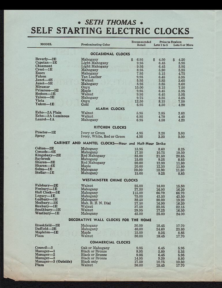 Seth Thomas Clocks, Electric and Key Wound. Includes price list. > Price-2