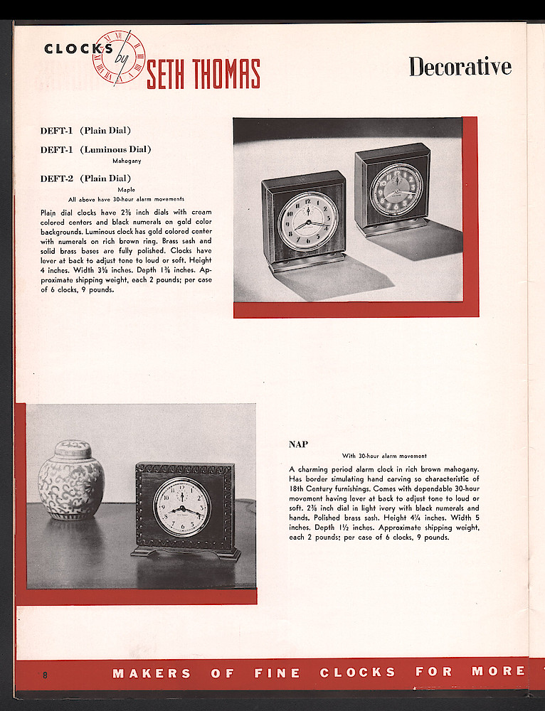 Clocks by Seth Thomas. Includes retail and dealers price list. > 8