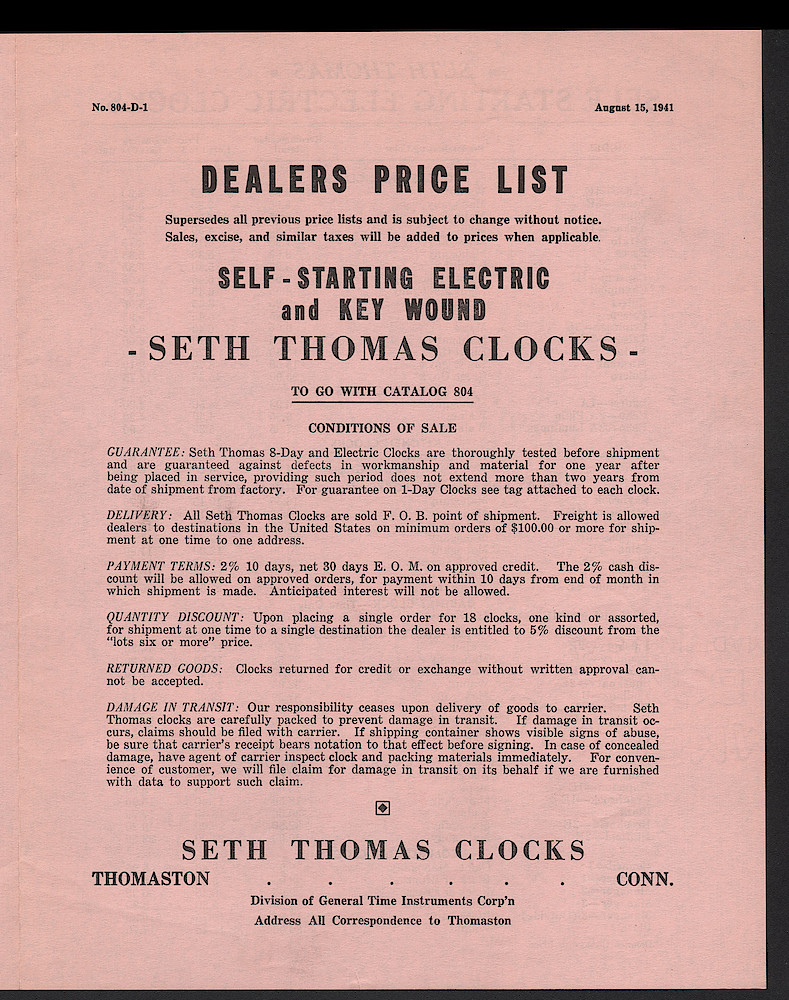 Clocks by Seth Thomas. Includes retail and dealers price list. > Price-Dealers-1