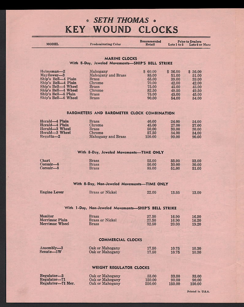 Clocks by Seth Thomas. Includes retail and dealers price list. > Price-Dealers-4