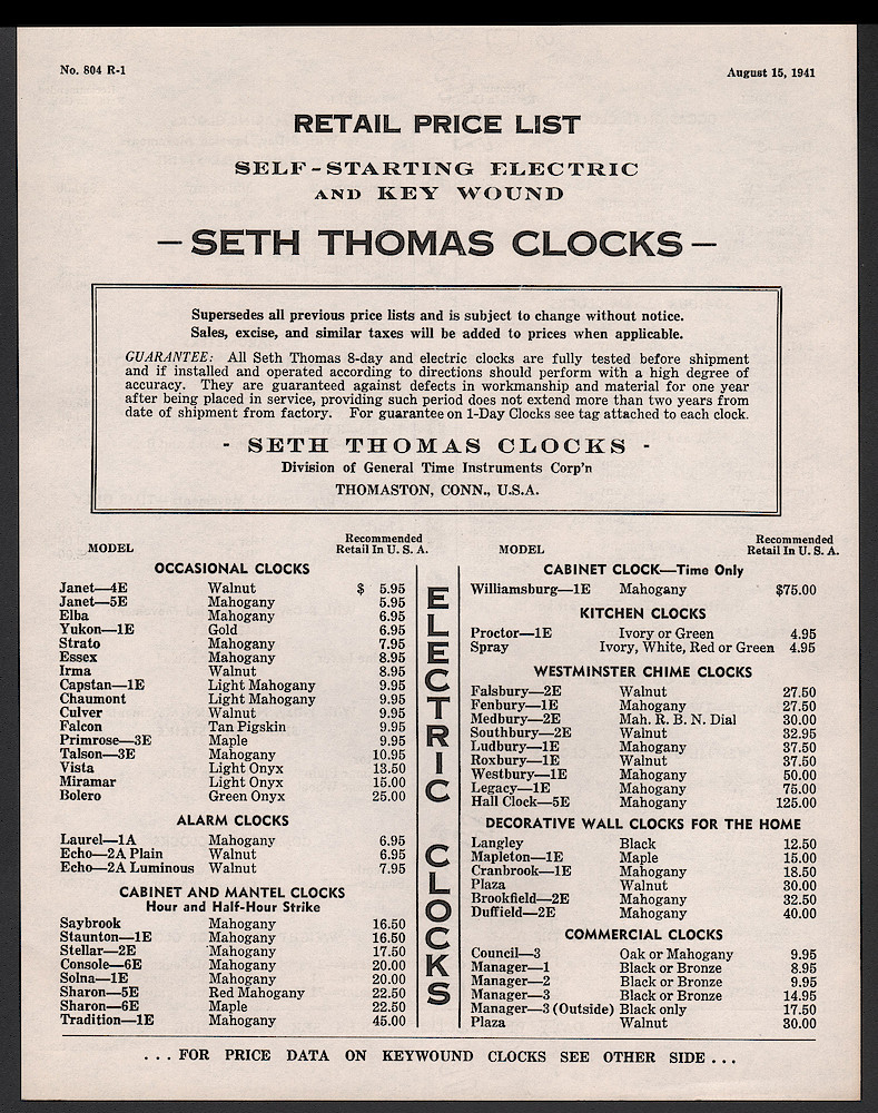 Clocks by Seth Thomas. Includes retail and dealers price list. > Price-Retail-1