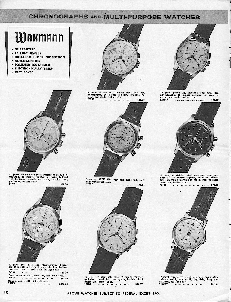 Wakmann . . . Greatest in chronographs, and multi-purpose timepieces. Timed to the split second with precision and accuracy . . . > 10