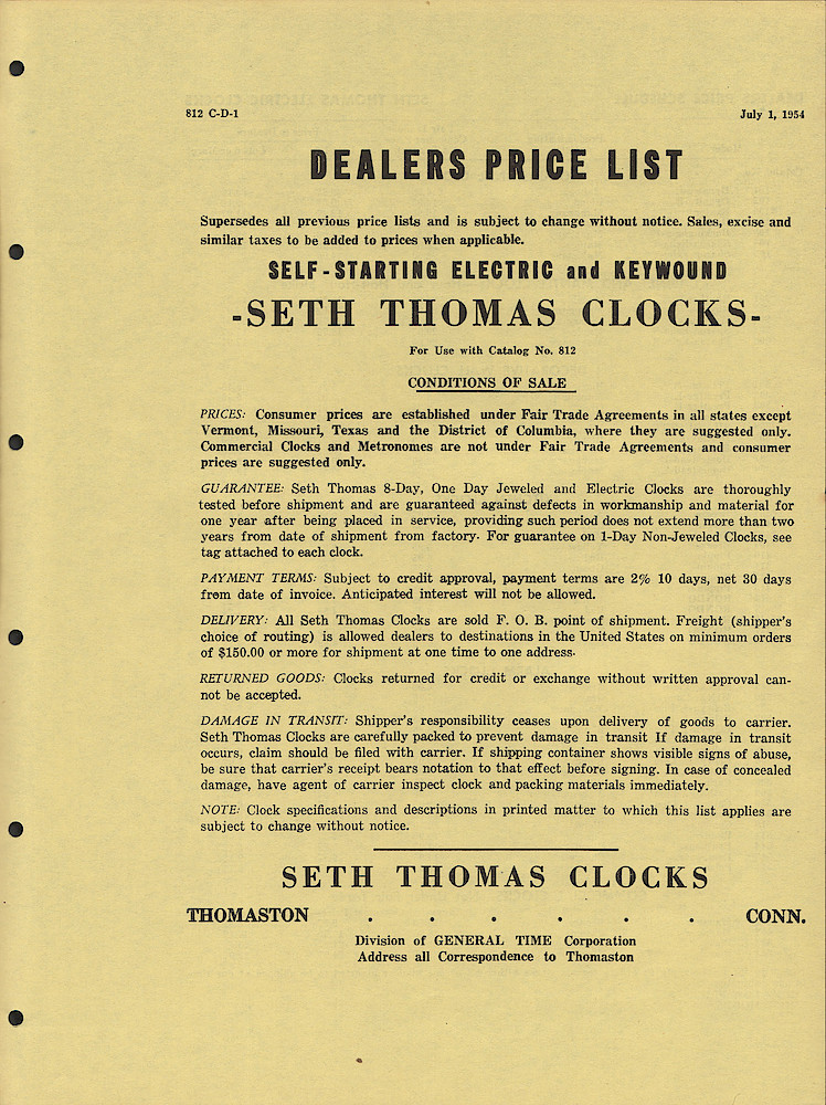 Dealers Price List, Self-Starting Electric and Keywound Seth Thomas Clocks > 1