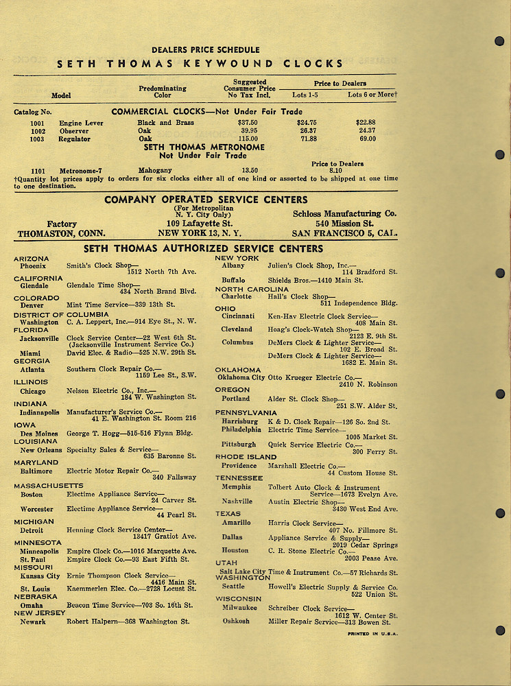 Dealers Price List, Self-Starting Electric and Keywound Seth Thomas Clocks > 4