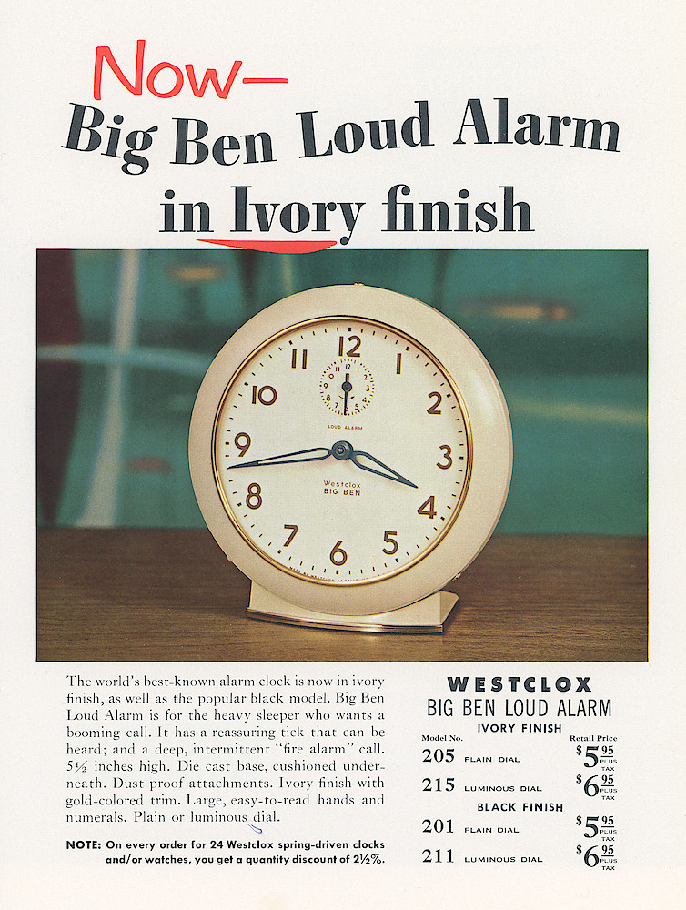 New Models and Highlights, 1954 > Big Ben Loud Ivory Introduction. Introduction Of The Big Ben Style 7 Loud Alarm In Ivory Finish.