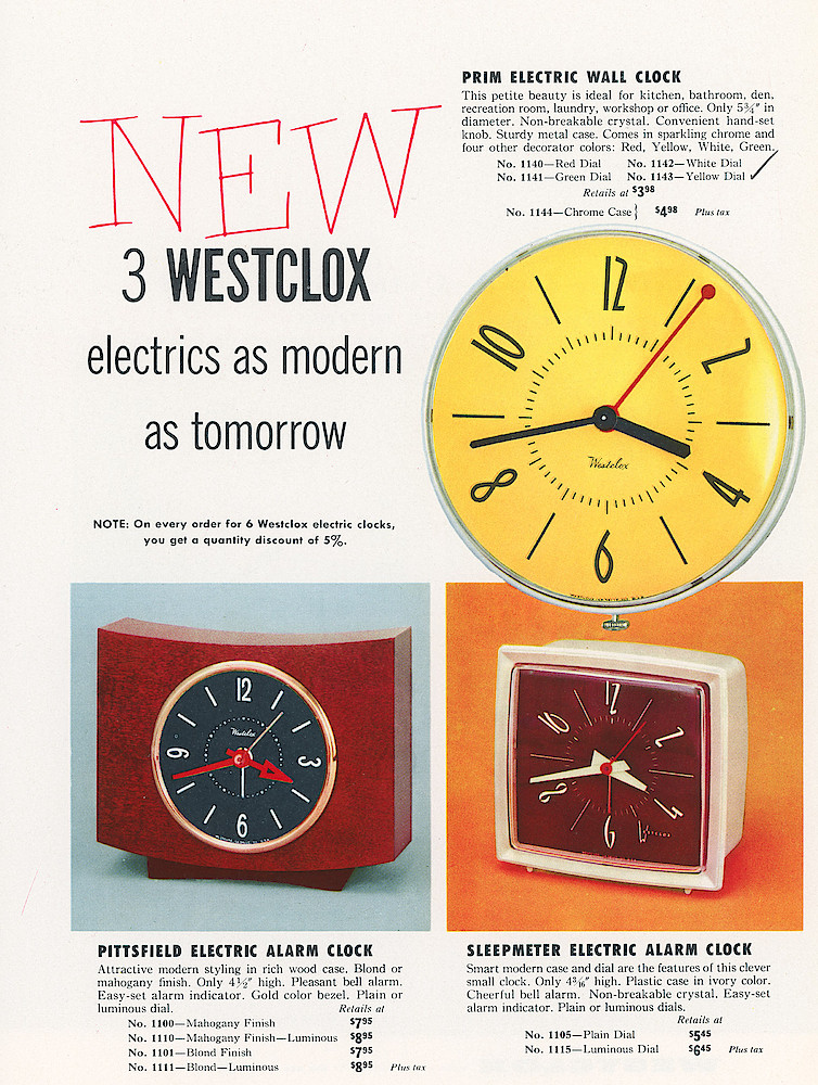 New Models and Highlights, 1954 > New Electric Prim, Pittsfield, Sleepmeter. 3 New Westclox Electrics As Modern As Tomorrow.