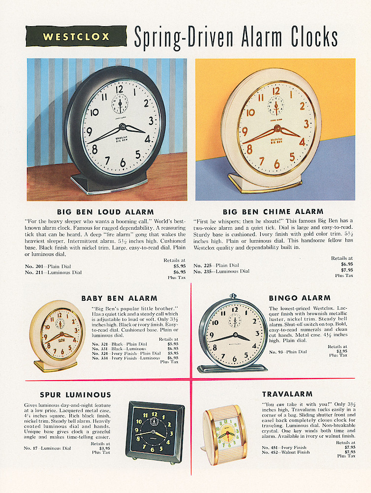 New Models and Highlights, 1954 > Spring Driven Alarm. Big Ben Loud Alarm, Big Ben Chime Alarm, Baby Ben, Bingo, Spur And Travalarm.