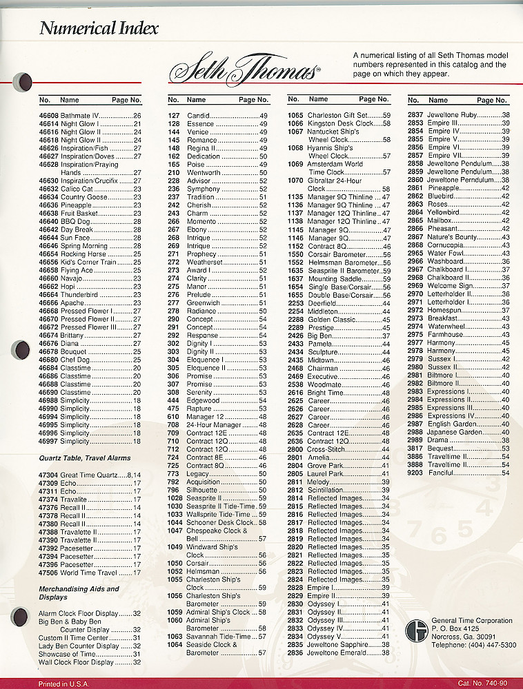 Westclox and Seth Thomas 1990 Catalog > Index - Seth Thomas