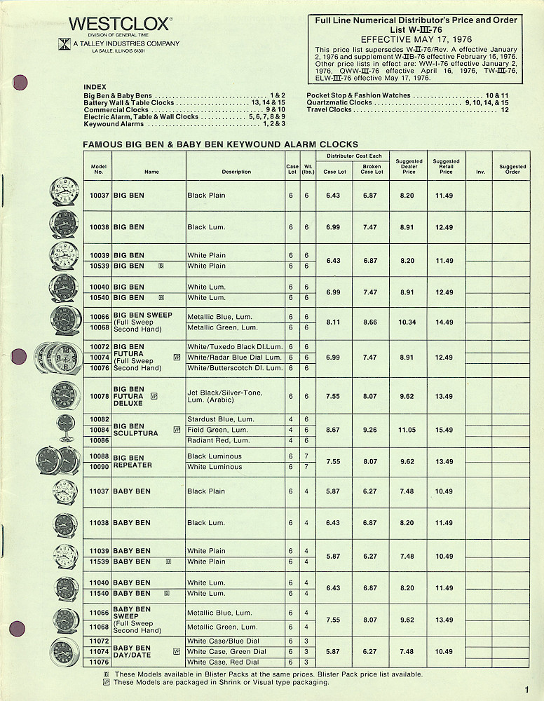 1976 Westclox Price List W-III-76 > 1