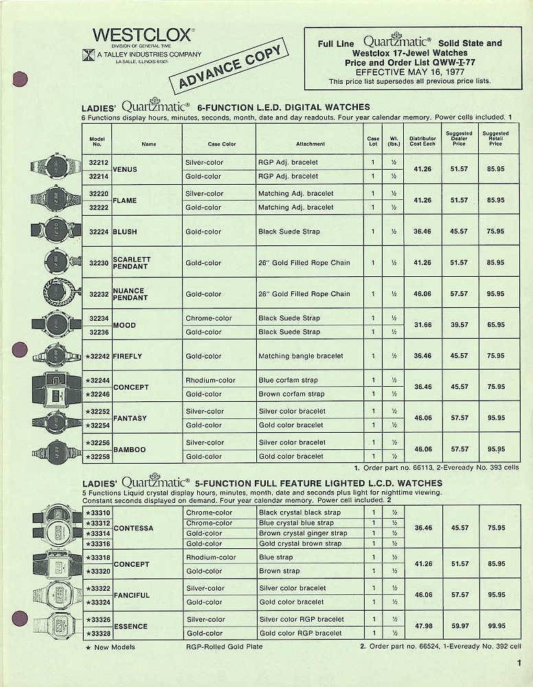 1977 Westclox Price List QWW-I-77 > 1