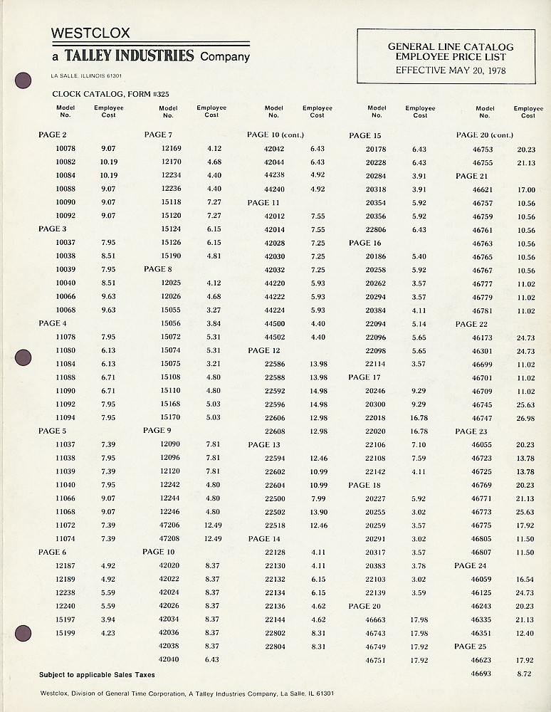 1978 Westclox Employee Price List > 1