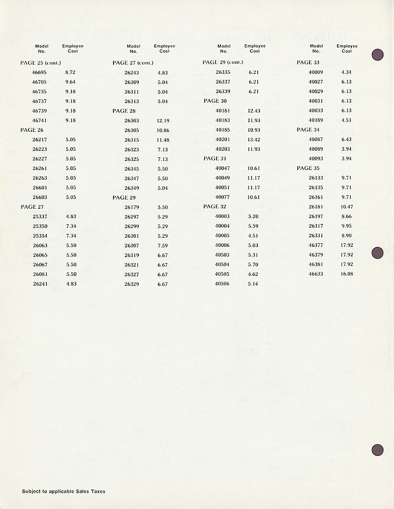 1978 Westclox Employee Price List > 2