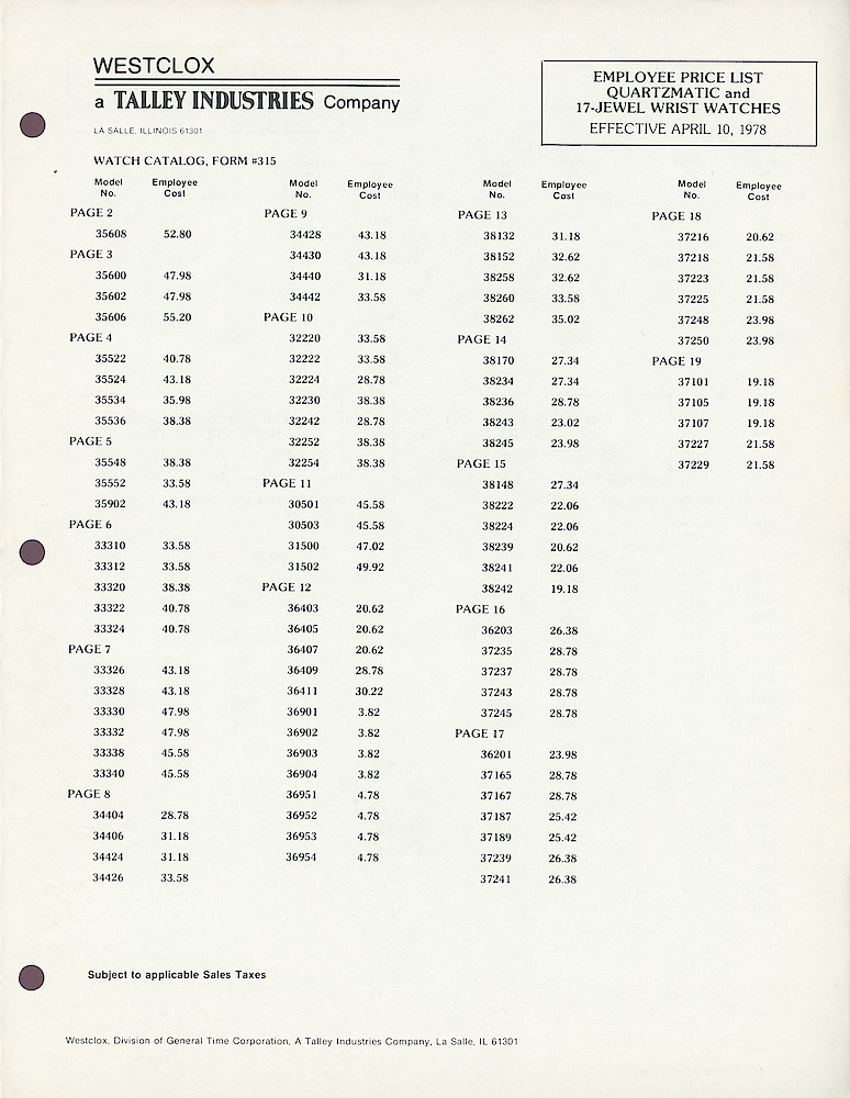 1978 Westclox Employee Price List > 3