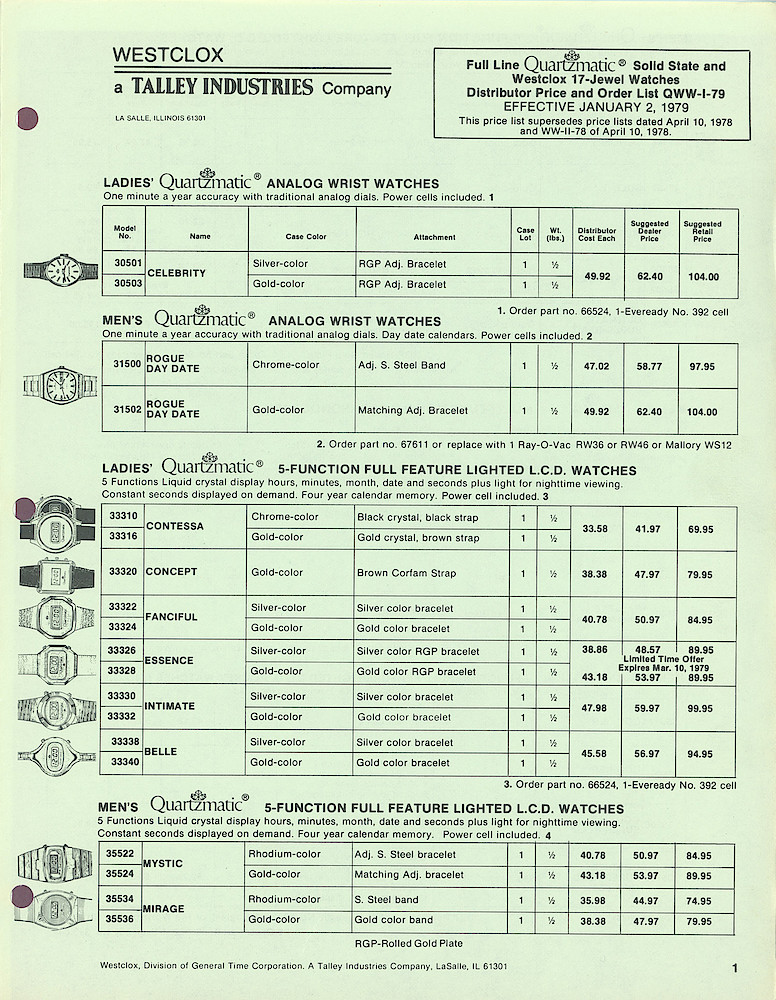 1979 Westclox Price List - Quartzmatic  and 17-Jewel Watches QWW-I-79 > 1