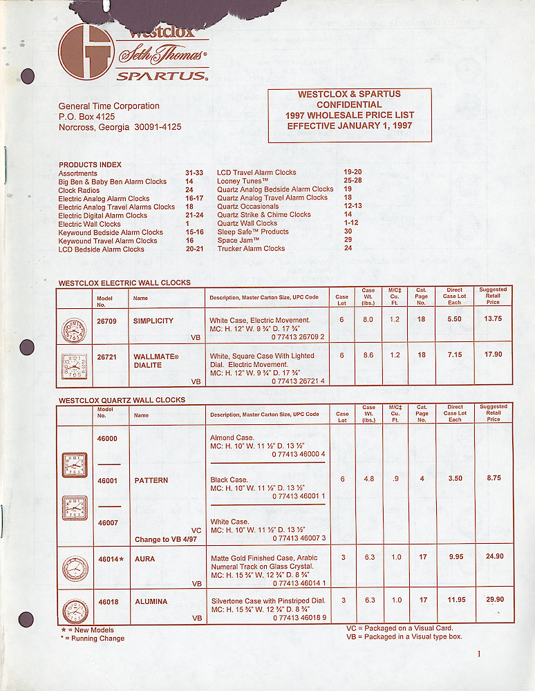 Westclox & Spartus Confidential 1997 Wholesale Price List > 1