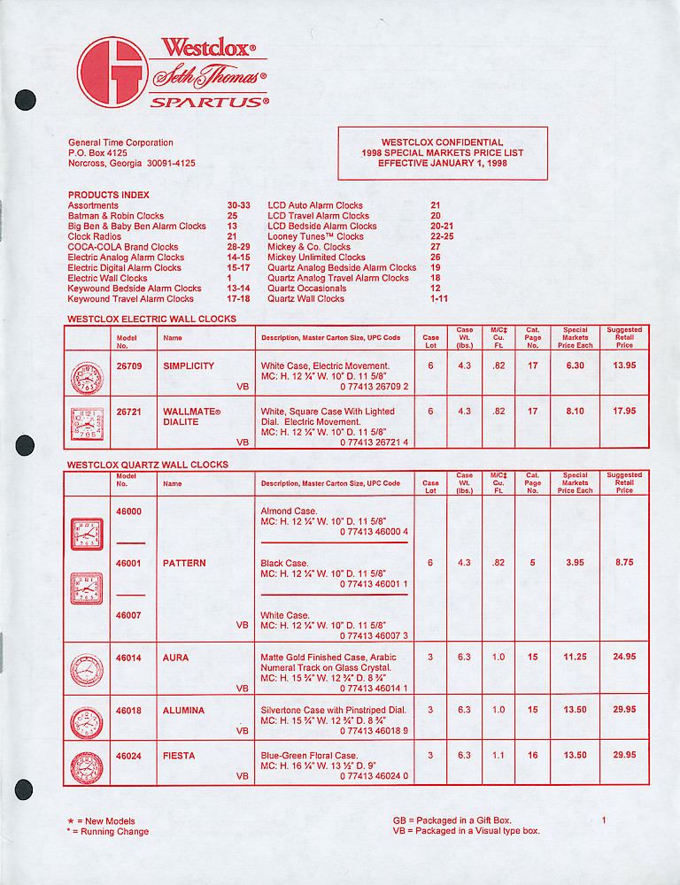 Westclox Confidential 1998 Special Markets Price List > 1