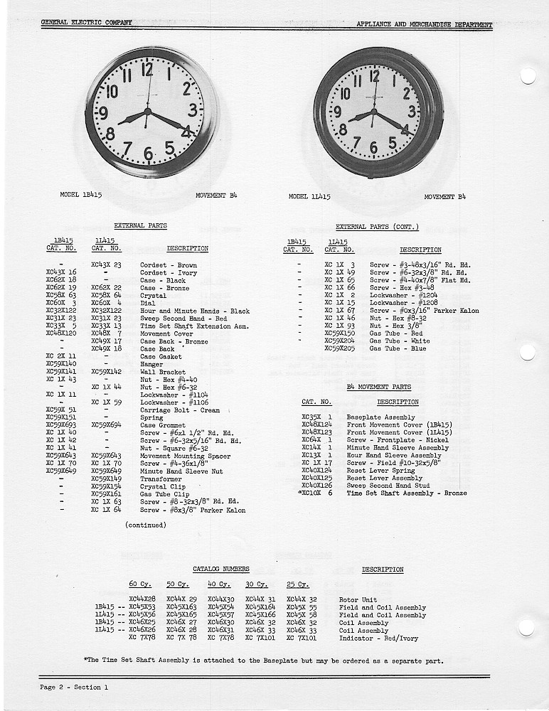 1950 General Electric Clocks Parts Catalog > Commercial Wall Clocks > 1B415, 1L415