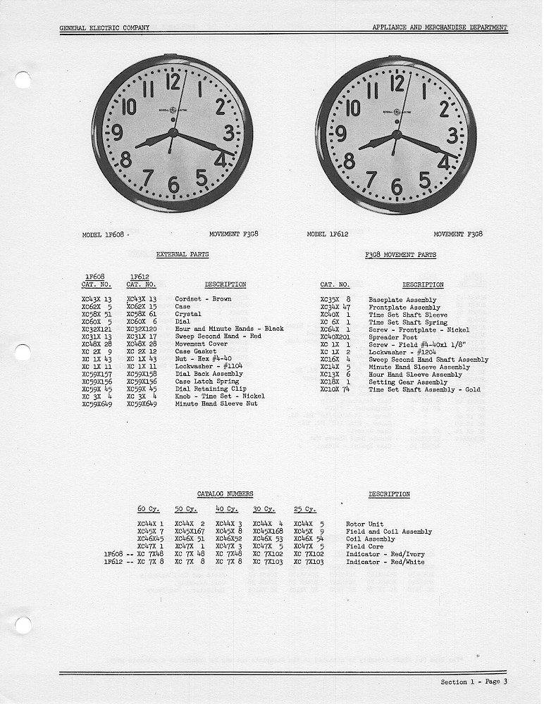 1950 General Electric Clocks Parts Catalog > Commercial Wall Clocks > 1F608, 1F612